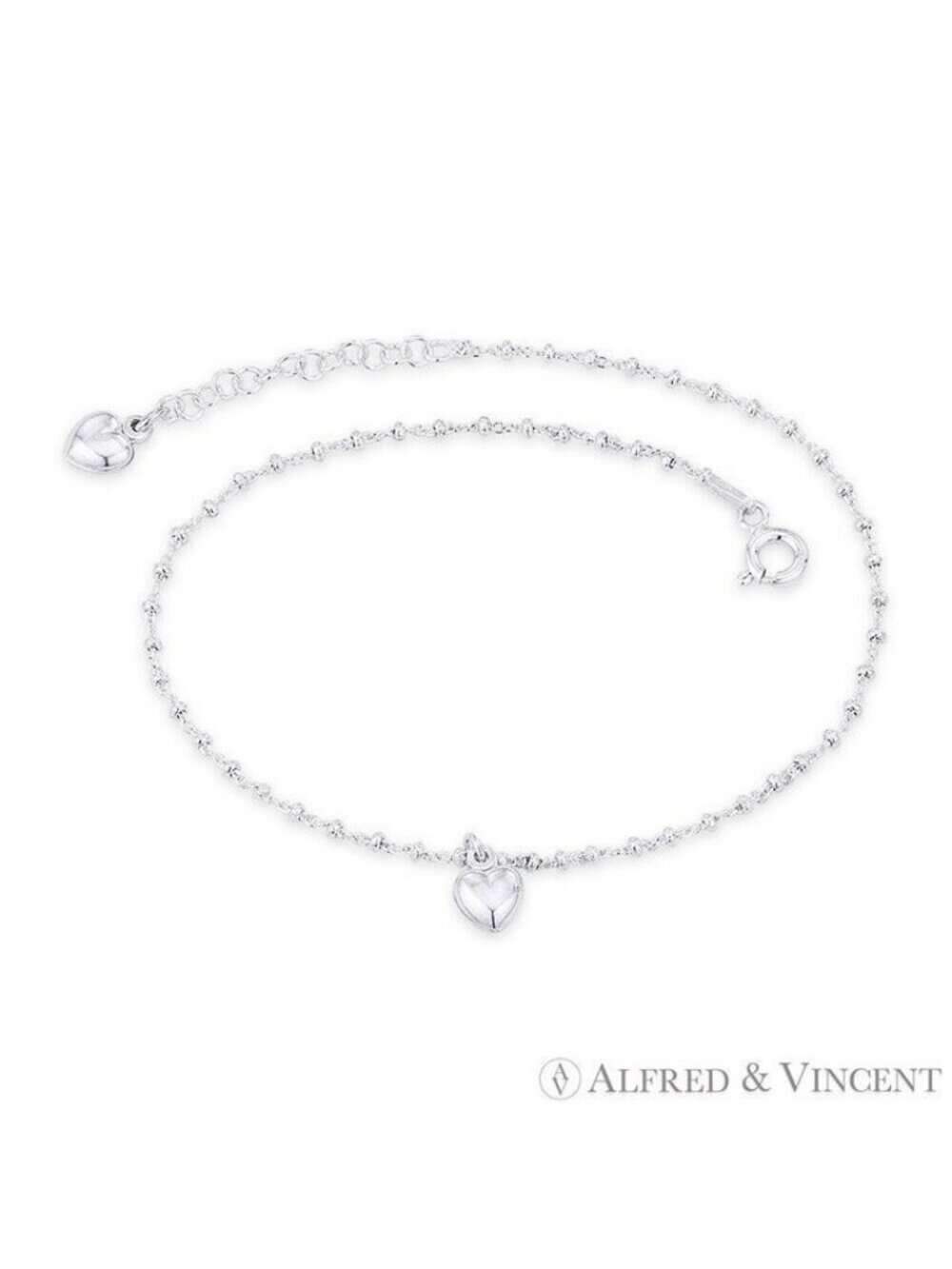 Heart Love Charm, Bead, & Cable Link Italy .925 Sterling Silver Chain Anklet